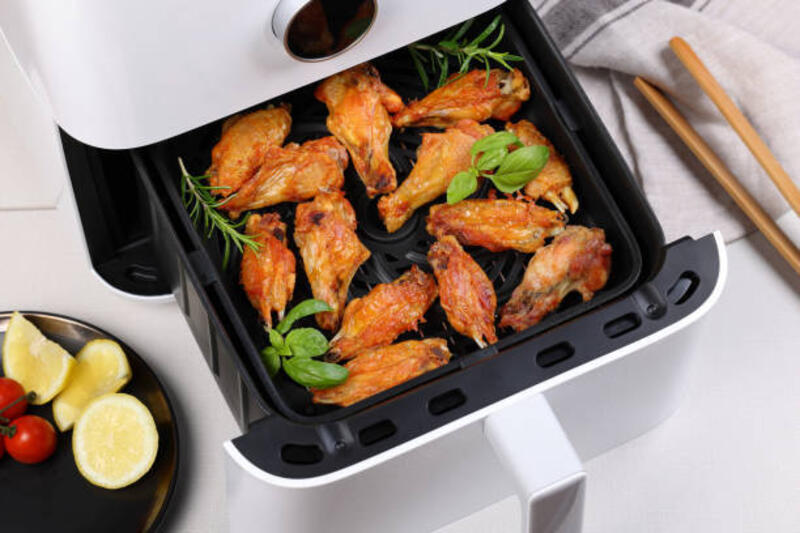 hot air fryer dengan kaki dan sayap ayam - penggoreng udara potret stok, foto, &amp; gambar bebas royalti