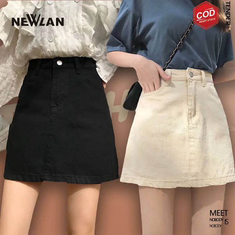 Newlan Dq002 Rok Jeans Pendek A-Line Rok Denim Skirt Pinggang Tinggi Gaya Korea