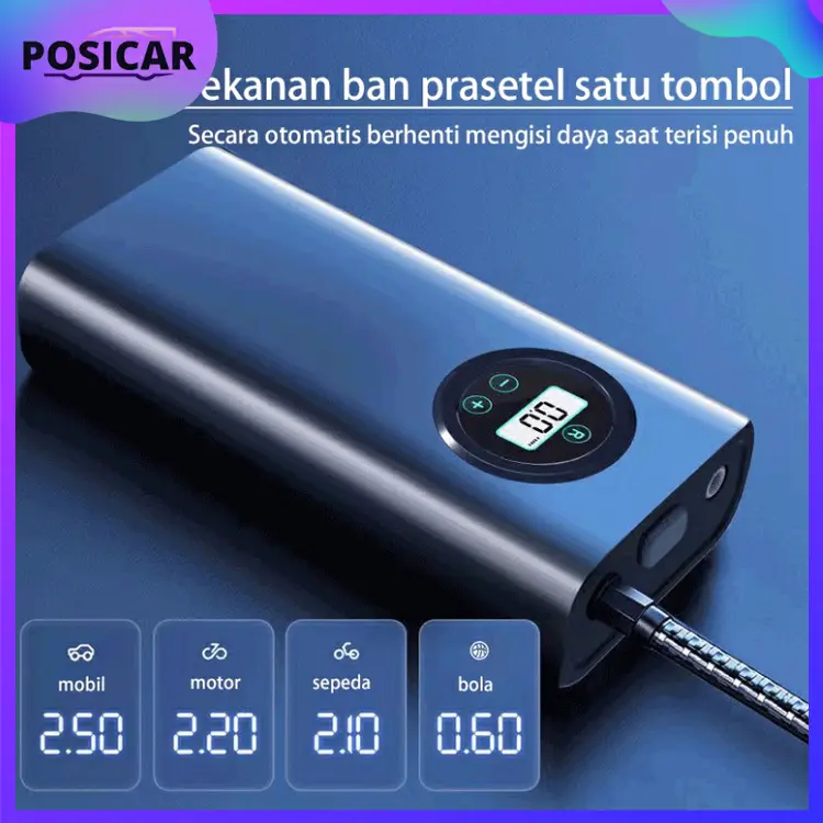 POSICAR Pompa Ban Motor Dan Mobil Electric Portable Electric Mobil Tampilan Cerdas Inflator Deteksi Tekanan Ban Nirkabel Portabel