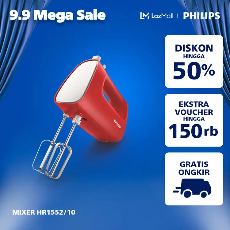 Philips Mixer (Hand Mixer - Merah) - HR1552/10 - 170 Watt Mixer Philips Chopper Mixer