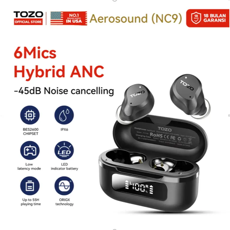 NEW LAUNCHING Tozo Aerosound (NC9) Tws 6 Mics Hybrid ANC + 4 Mics ENC Long Playing Time IPX6 Low Latency Gaming Mode Earphone Bluetooth Handsfree wireless