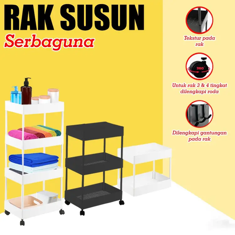 ZOWOKI 4 Tingkat Rak Susun SerbagunaDengan Rod Rak Kamar Mandi Bahan Plastik Portable Rak Dapur Square