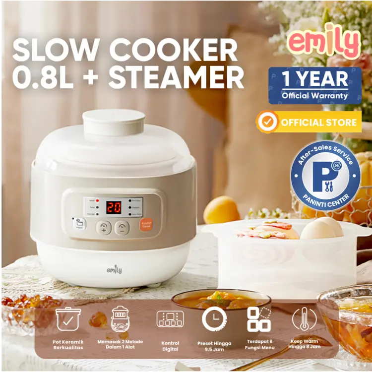 EMILY Slow Cooker + Steamer 0.8L Ceramic | Panci Keramik | Baby & Family Food Maker | MPASI Cooker