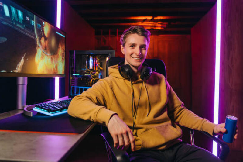 tersenyum kaukasia pro gamer duduk dengan setup game di rumah - gaming headphone potret stok, foto, & gambar bebas royalti