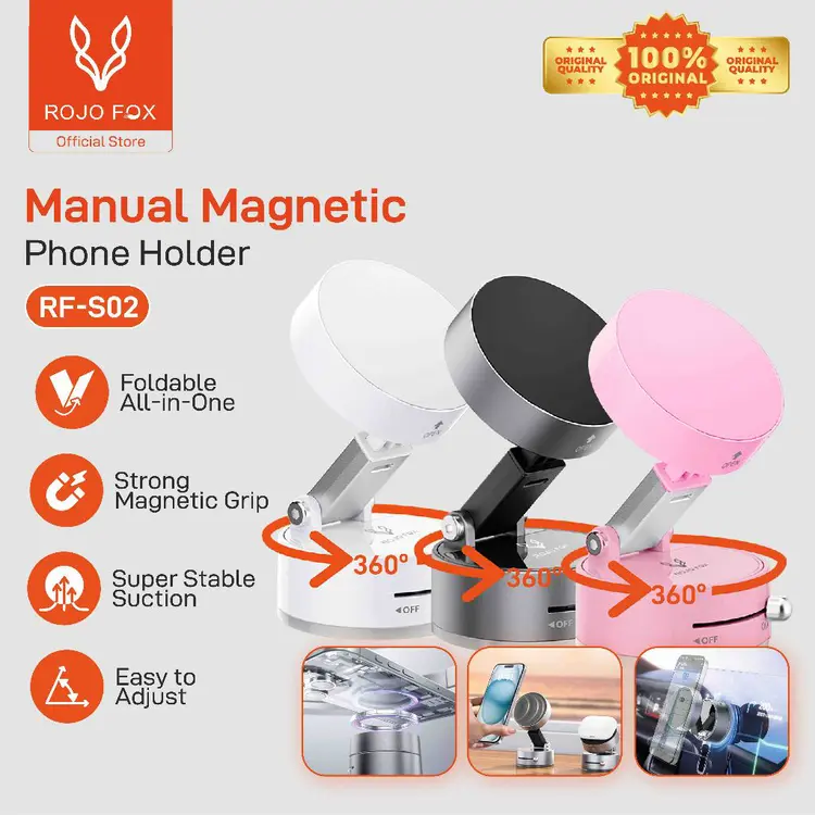 ROJO FOX Magnetic Phone Holder Dudukan HP Magnet 360° Rotasi Car Mount Stand HP Holder RF-S02 | Hisap Vakum Kuat | Mobil, Meja, Rumah, Kantor, Kaca, Keramik, Kayu, Logam | iPhone & Android