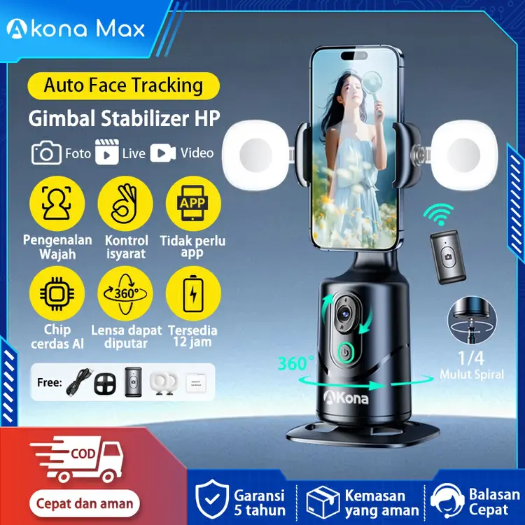 Akona Gimbal Stabilizer Hp 360° Auto Face Tracking For Tripod Handphone Bluetooth Remote Kontrol Isyarat With Lampu Led