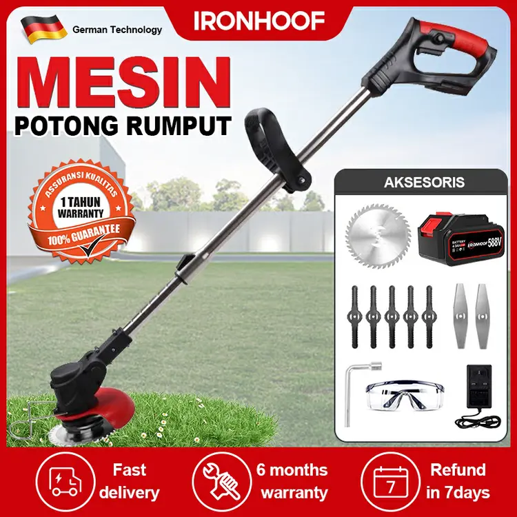 IRONHOOF 588V Mesin Potong Rumput 650W Pemotong Rumput Listrik Pemangkas Rumput Dengan Baterai Li-ion