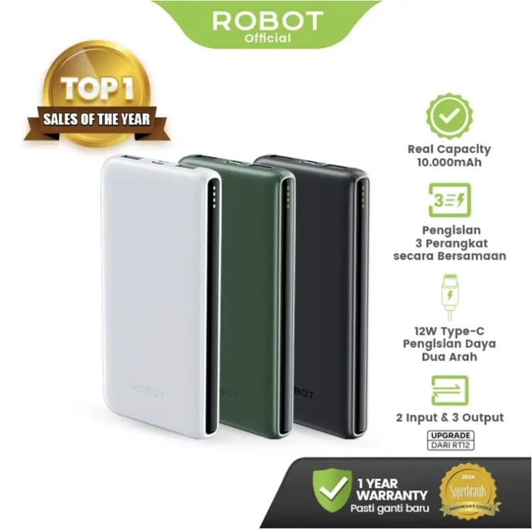 ROBOT PowerBank RT180S 10000 mAh 3 3 Port Charger USB Type C Dual Input Output Slim Original Garansi 1 Tahun