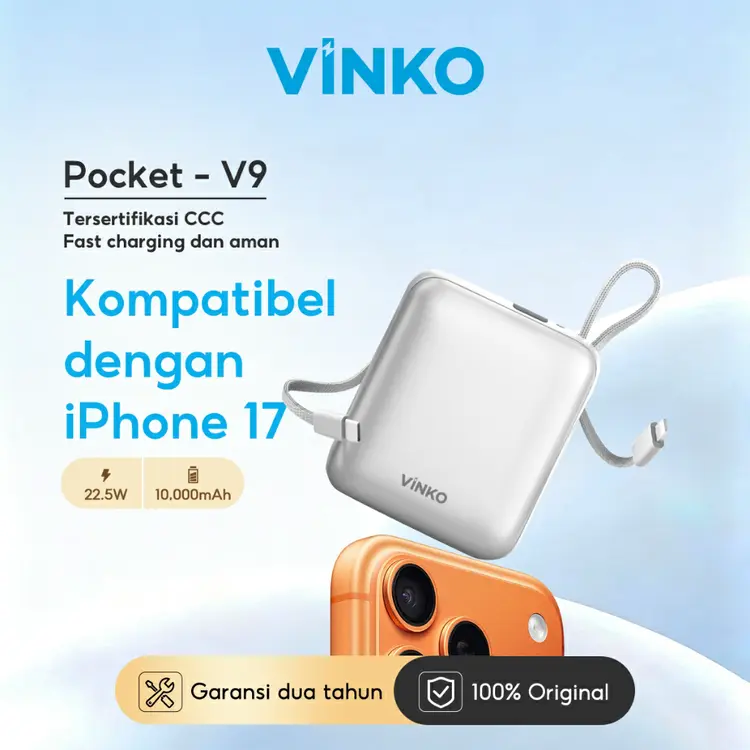 [Tersertifikasi CCC] VINKO V9 Pocket Powerbank 10000mAh 22.5W Fast Charging PD 3.0 Power bank With C+L Cable untuk iPhone Seri 17 dan Android