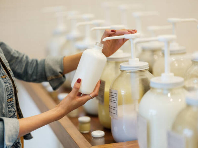 Young woman filling container with body lotion at store A young latin woman holding and filling up glass container with lotion at the zero waste store. body lotion stock pictures, royalty-free photos &amp; images