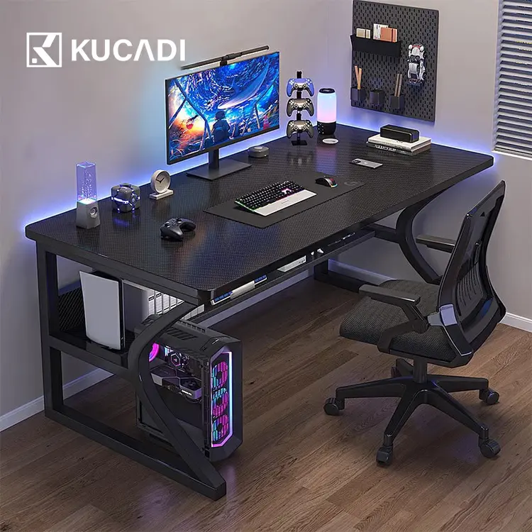 KUCADI Pola Fiber Karbon Meja Gaming Meja Komputer  Minimalis Modern Meja Laptop Meja Belajar Hitam Meja kantor [ Garansi lima tahun ]