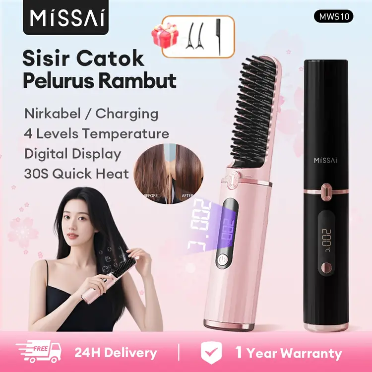 MISSAI 2 In 1 Sisir Catok Pelurus Rambut Elektrik Tanpa Kabel / Comb Sisir Pelurus Rambut Tanpa Kabel Cordless 4 Tingkat Tampilan Layar Digital USB Portabel Hair Straightener MWS10