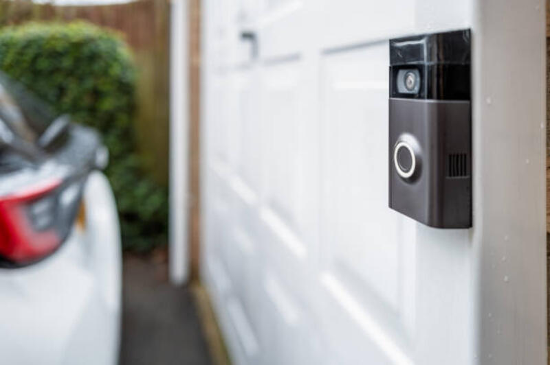 Shallow focus of a popular, battery powered wireless doorbell and integral camera seen located on a driveway, near a side gate entrance. Shallow focus of a popular, battery powered wireless doorbell and integral camera seen located on a driveway, near a side gate entrance. A parked car is on the driveway. smartdoorbell stock pictures, royalty-free photos &amp; images