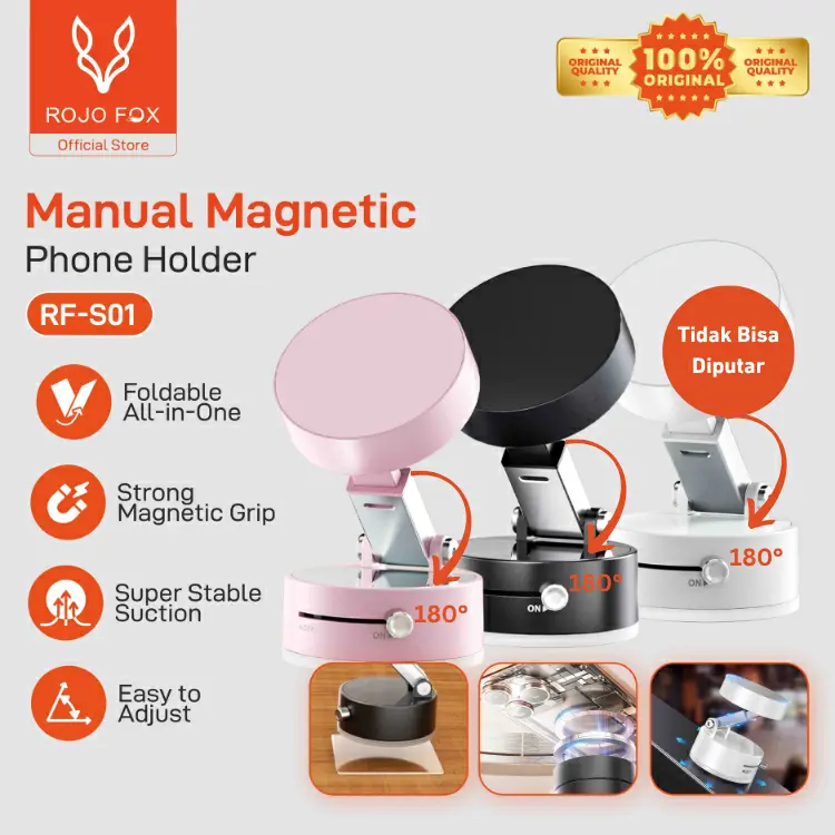 ROJO FOX Magnetic Vacuum Phone Holder Mobil 180° Rotasi Holder Hp magnetic | Lipat & Teleskopik | Hisap Vakum Kuat | Mobil & Meja | RF-S01