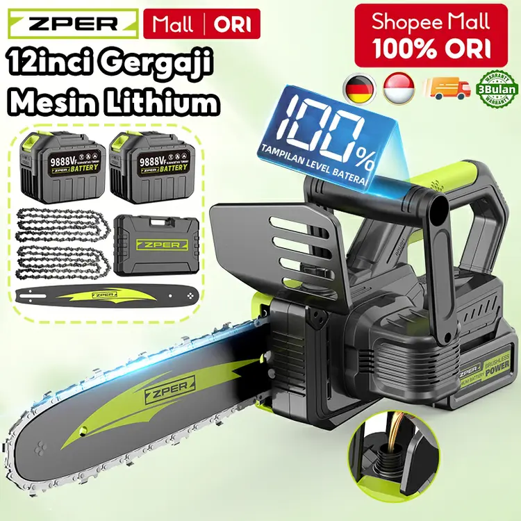 ZPER Cordless Chainsaw Gergaji Mesin Lithium Gergaji Kayu Super Tajam Rantai Listrik Portable ZP008
