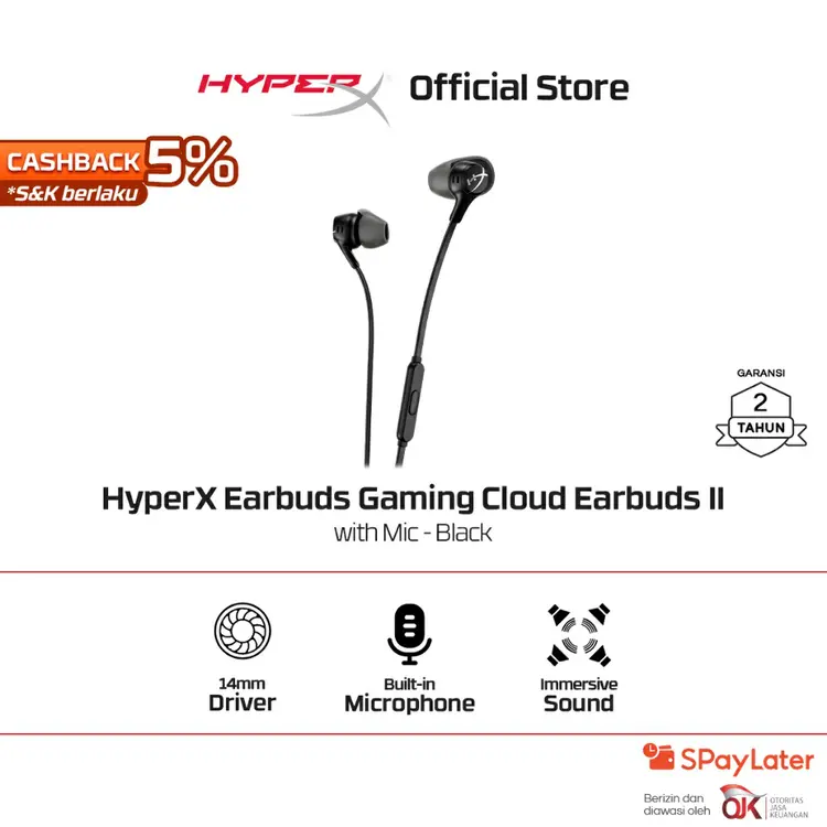 HyperX Earbuds Gaming Cloud II Wired - Red / Black Noise Cancelling Stereo Bass Android iOS Led RGB Microphone Promo Cicilan Ringan