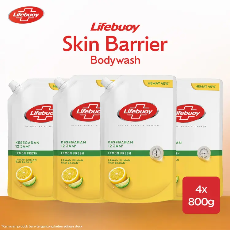 Lifebuoy Sabun Mandi Cair Anti Bacterial Body Wash Lemon Fresh 100% Lebih Kuat Lawan Kuman, Kesegaran 12 Jam 800g x4
