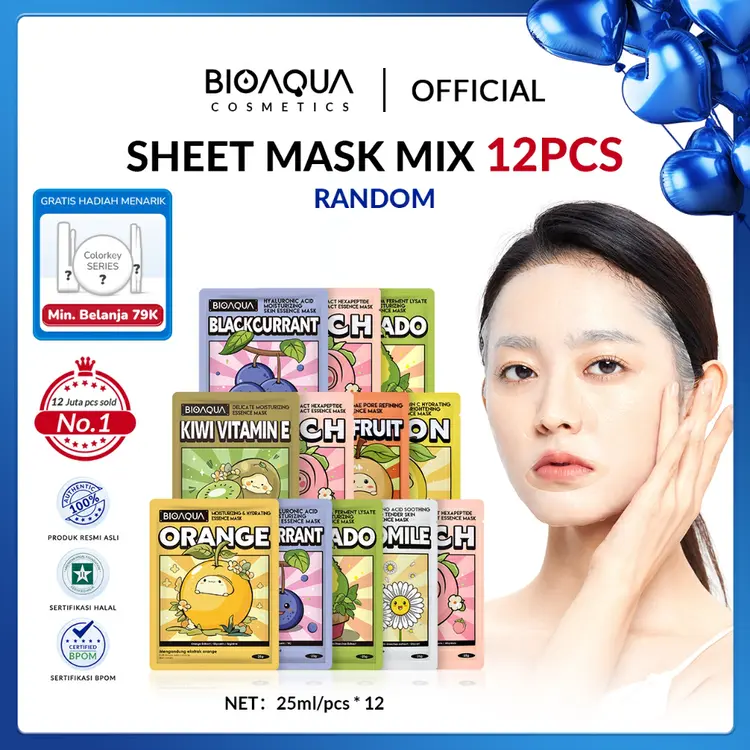 BPOM  bioaqua cosmetics paket wajah masker sheet mask 12 pcs bioaqua original Hydrating and Moisturizing whitening masker muka masker