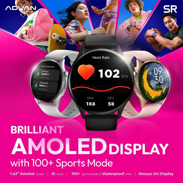 ADVAN Smartwatch SR | Amoled Display 1.43" | Bluetooth Call | Ai Voice Assistant | Waterproof IP68 | Bluetooth 5.2 | 100+ Mode Sport | Material ZInc Alloy | Up To 15-Days Battery Life