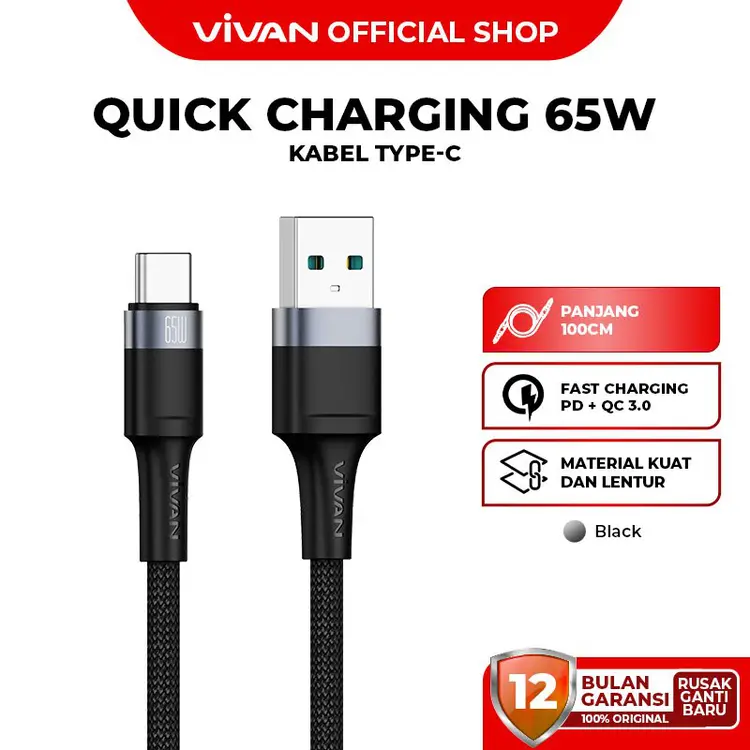 VIVAN Kabel Data USB to Type C 6.5A Fast Charging 65W  Fast Charging 100CM VQC100S Garansi 12 Bulan