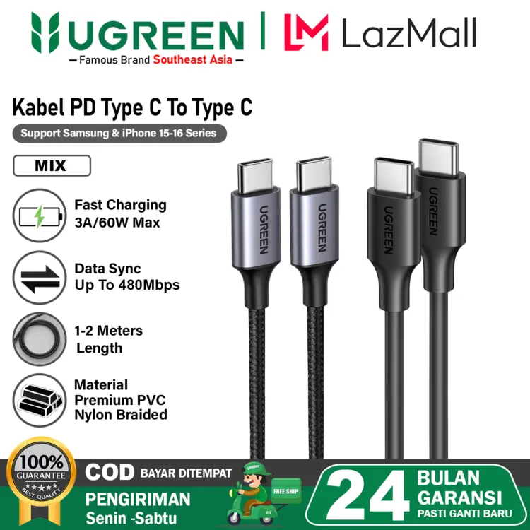 UGREEN Kabel PD Type C to Type C Nylon Braided Fast Charging Max 3A 60w