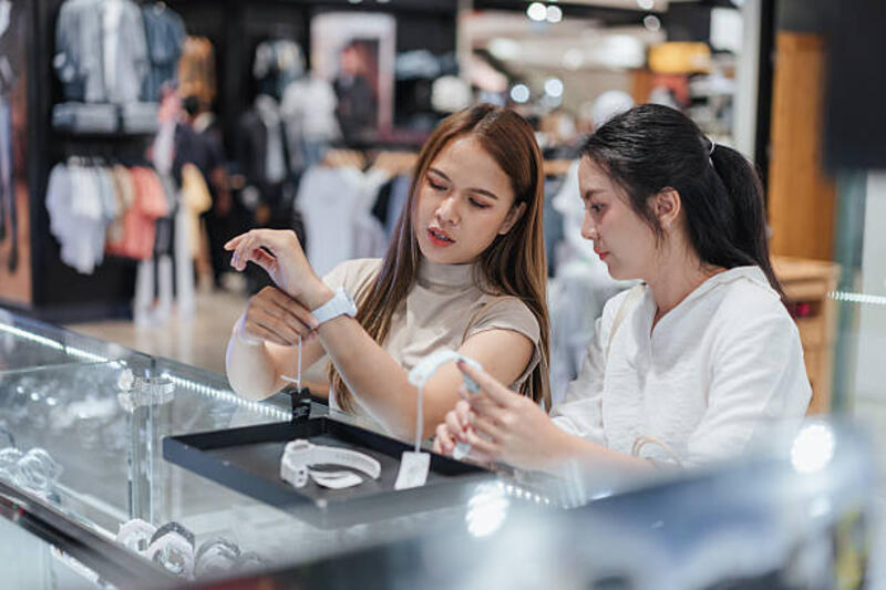dua wanita asia berbelanja jam tangan di toko ritel modern. satu wanita mencoba jam tangan olahraga putih sementara yang lain memeriksa pajangan, menampilkan pengambilan keputusan dan belanja gaya hidup. - buying smartwatch potret stok, foto, &amp; gambar bebas royalti