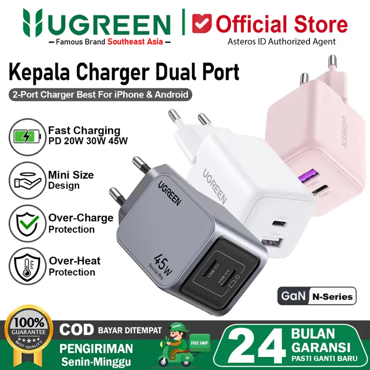 UGREEN Kepala Charger Dual Port USB A + USB Type C Fast Charging 20W 30W 45W