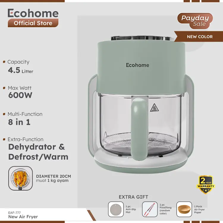 ECOHOME Air Fryer & Dehydrator 8 in 1 Function EAF777 4.5L Capacity with Panoramic Glass 360° View