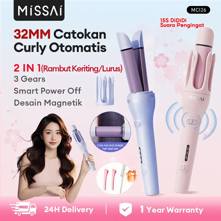 【Iron Curler 】MISSAI Curly Rambut Otomatis 2 IN 1 Catokan Rambut  32MM Catokan Curly Otomatis 3 Gears Catokan Keriting Rambut Otomatis -Catok Curly Keriting Hair Straightener MCI26