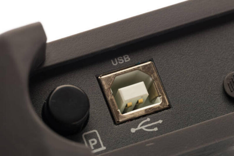 usb tipe b input osiloskop sinyal digital, tampilan close up - usb printer potret stok, foto, & gambar bebas royalti