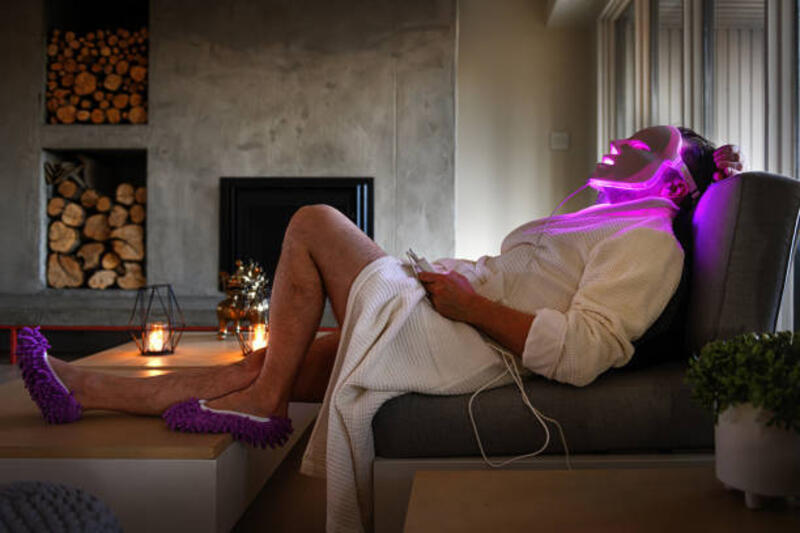 pria dewasa melakukan terapi ringan di malam hari - masker led potret stok, foto, &amp; gambar bebas royalti