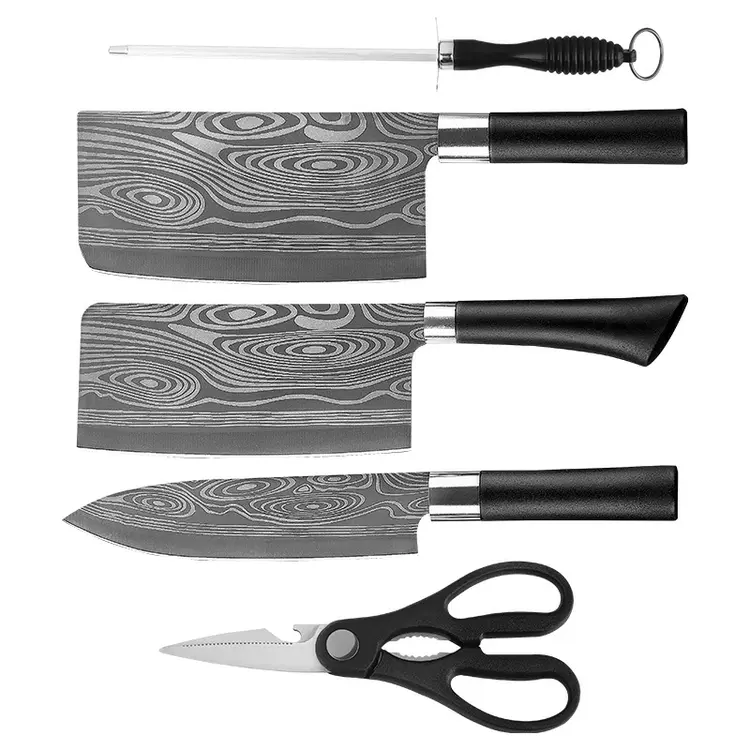 Knife Set Cleaver Slicing Chef Knife Scissors Sharpener Stick Set Pisau Memasak Pisau Dapur