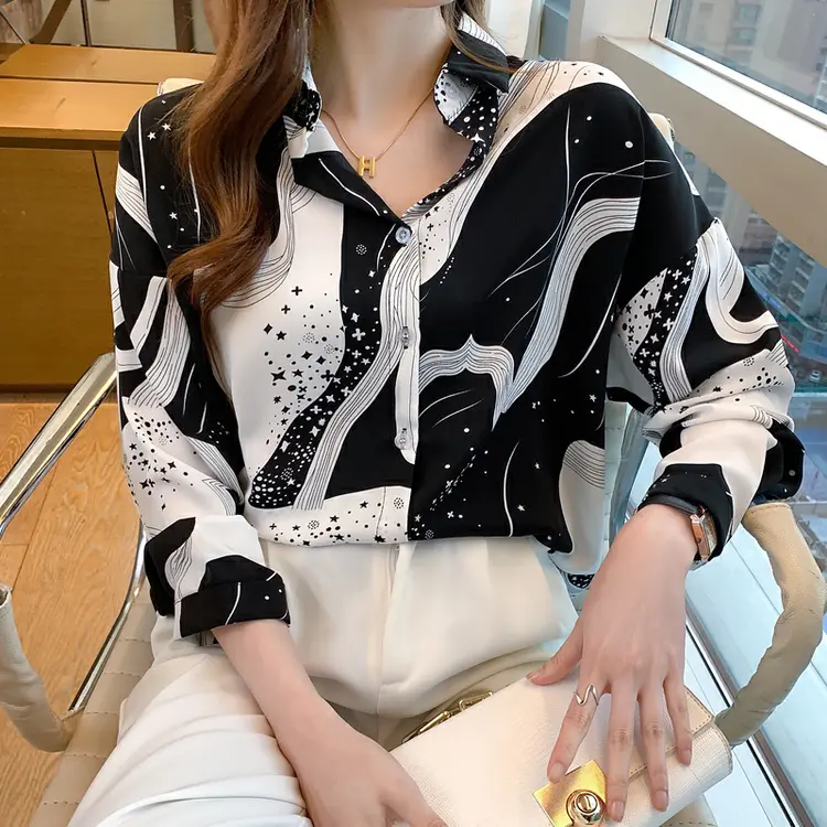TianShun Popular Soft Fabric Long Sleeved Shirt In Black and White Korean Fashion Casual Work Clothes OL Top for Women's Shirt