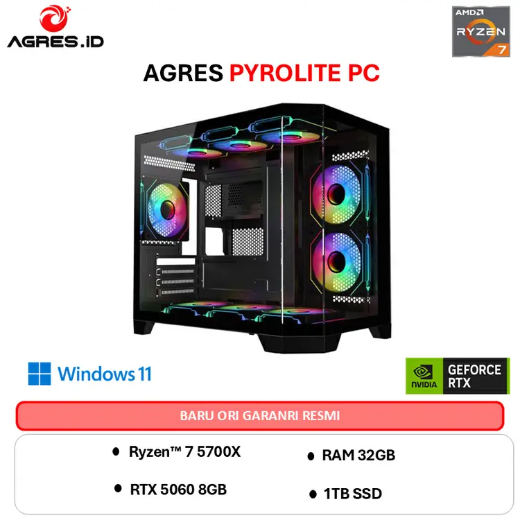 AGRES PYROLITE PC - AMD RYZEN 7 5700X RTX 5060 8GB - RAM 32GB 1TB RAKITAN PC GAMING