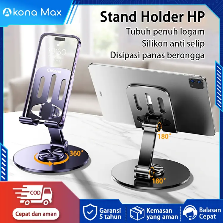 Akona Stand Holder Hp Logam Penuh Rotasi 720° Phone Holder Hp Tablet Meja Penyimpanan Lipat Dudukan Hp