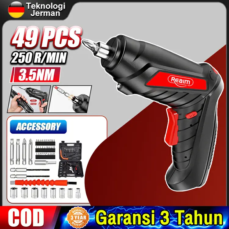 Reaim Cordless Screwdriver 4.2 V Mesin bor baterai impact cordless drill 49 pcs Set Screwdriver Baterai  Bor mini