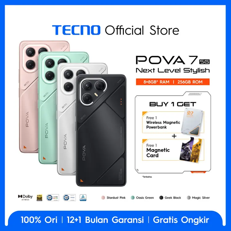 TECNO POVA 7 5G 8+8GB*/256GB, 6000 mAh, Mediatek D7300 Ultimate, 144Hz Smooth Display , 50MP Primary Camera, Wireless Powerbank, Android 15 - HiOS 15 - POVA7
