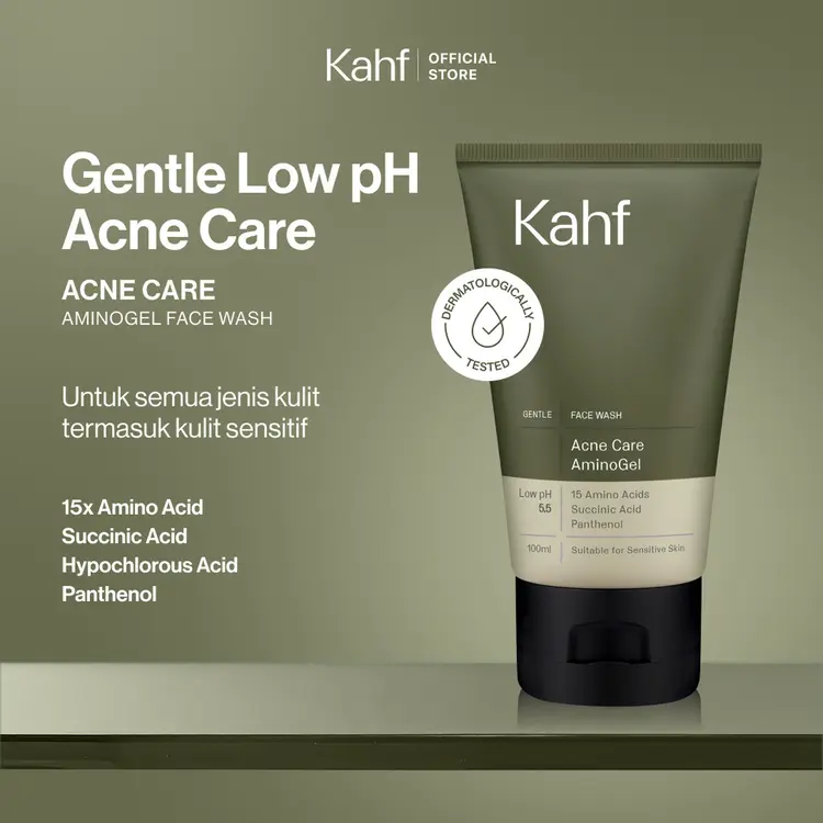 [NEW! BEBAS JERAWAT TANPA RASA KETARIK] Kahf Acne Care Amino Gel Face Wash 100 ml – Sabun Cuci Muka Pria Kulit Sensitif & Berjerawat dengan Hypochlorous Acid, Panthenol, Succinic Acid, Glycerin – Gentle Cleanser Low pH untuk Daily Use