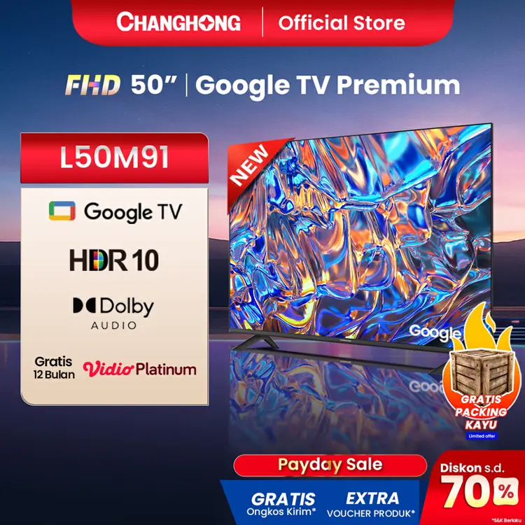 Changhong TV 50 inch FHD Google Smart Digital TV Dolby Audio DBX-TV Google Play Netflix Youtube Bluetooth USB Google Assistant  (L50M91) | 50G7N