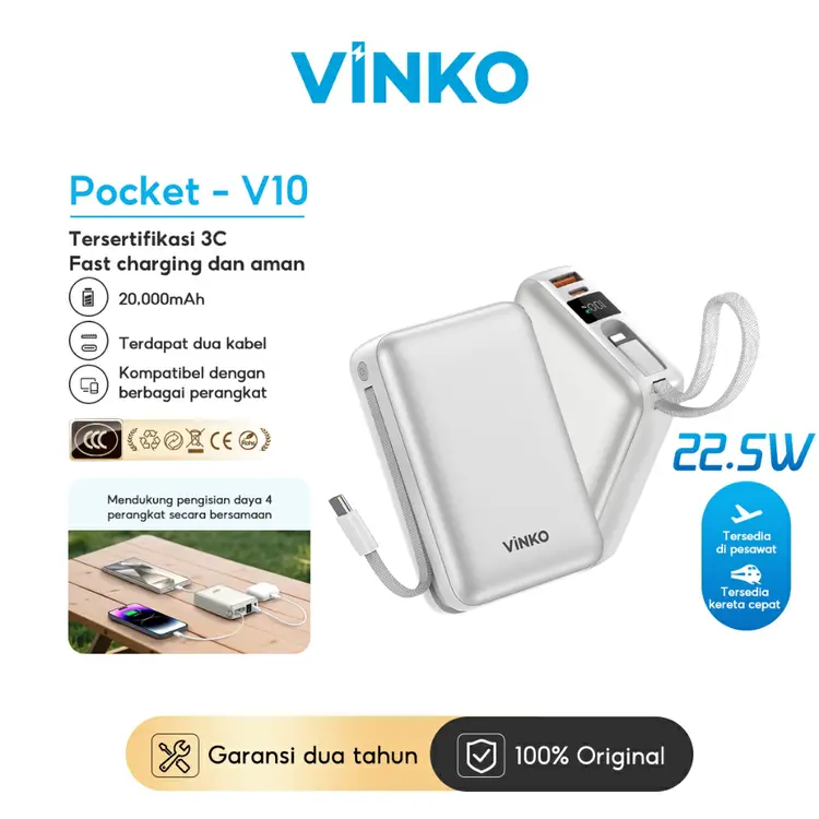 [Tersertifikasi CCC]VINKO V10 Powerbank 20.000 mAh 22.5W Built-In USB-C/Lingtning Cable for Android/iPhone  17