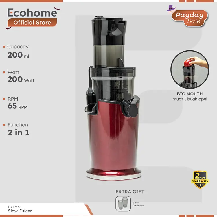 ECOHOME Slow Juicer ESJ999 2 in 1 Function Pengekstrak Buah Tanpa Ampas RPM65 Low Watt & Easy Clean