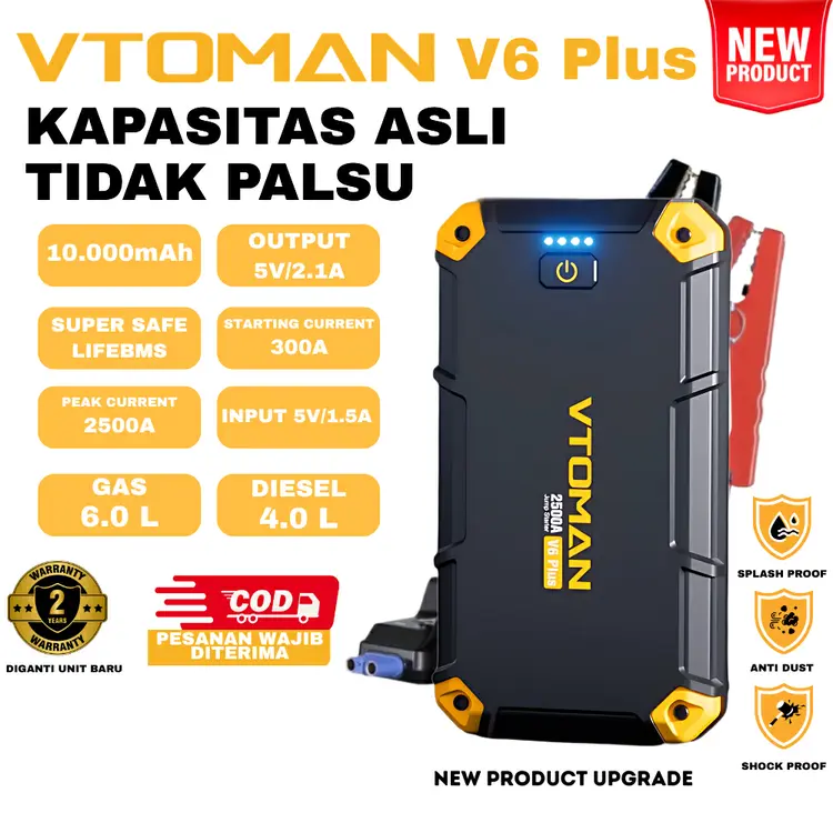 VTOMAN V6 PLUS 10000 mAh Jump Starter Aki Mobil Motor Power Bank Jumper Aki Alat Jamper Aki Power Bank Mobil Jemper Aki Portable Jump Starter Aki Jumper Aki Mobil Powerbank Jumper Aki Mobil Portable