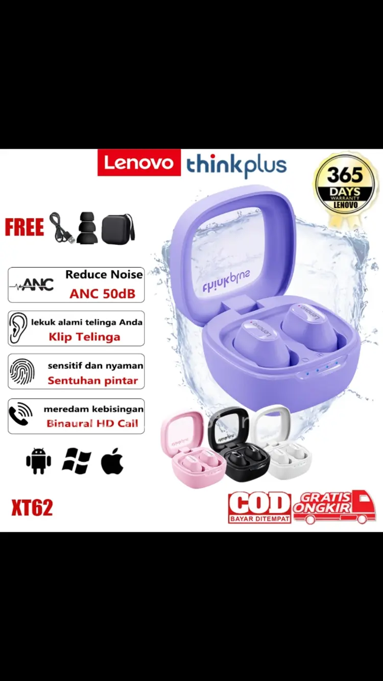 Lenovo ERAZER XT62  Headset True Wireless BluetoothV5.4  headphone Mini Earbuds Earphones Long Range Low Delay In ear TWS  handset Android IOS hensed Universal with Mikrofon Peredam Bising Cerdas