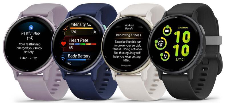 Pcitures of 4 Garmin vivoactive 5 smartwatches.