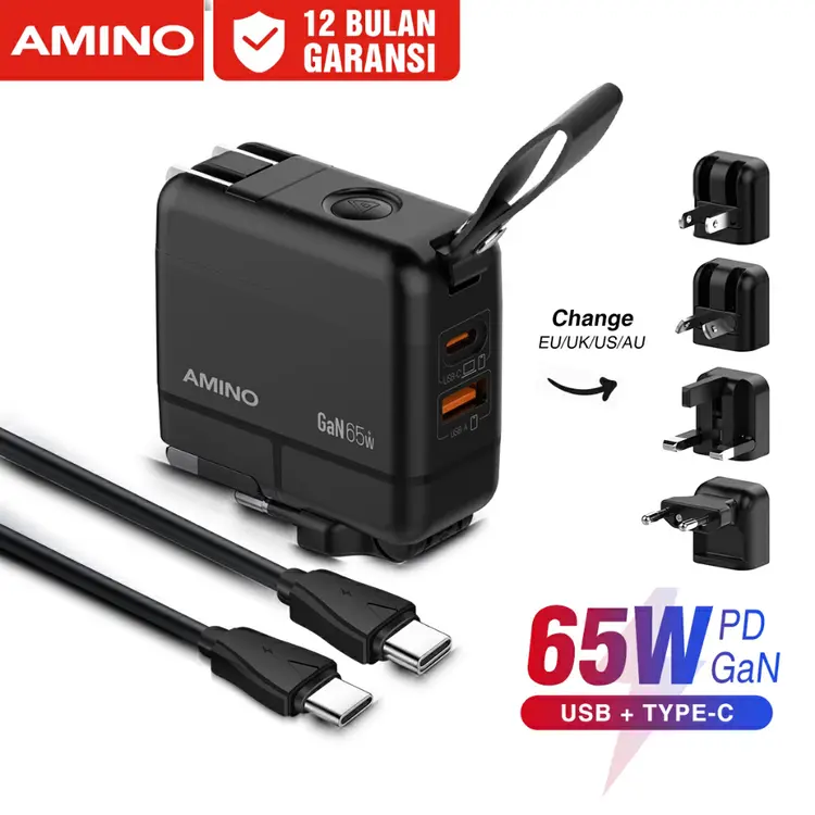 AMINO GaN 65W Gan PD Travel Super Fast Charger Adapter Wall charger Travel Adaptor / Portable Multiple USB-C Port QC3.0 / QC4.0 / Turbo / PD 3.0 / EU UK US AU Plug / Steker Dapat Dilipat Untuk Iphone 16 15 Pro Max samsung xiaomi huawei asus laptop