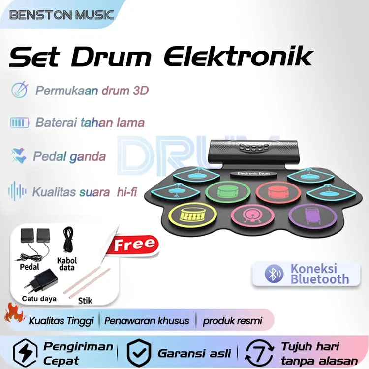 Benston Music- Set Drum Elektronik / Drum elektronik suara eksternal portabel Bluetooth / Set Drum Gulung Anak-anak