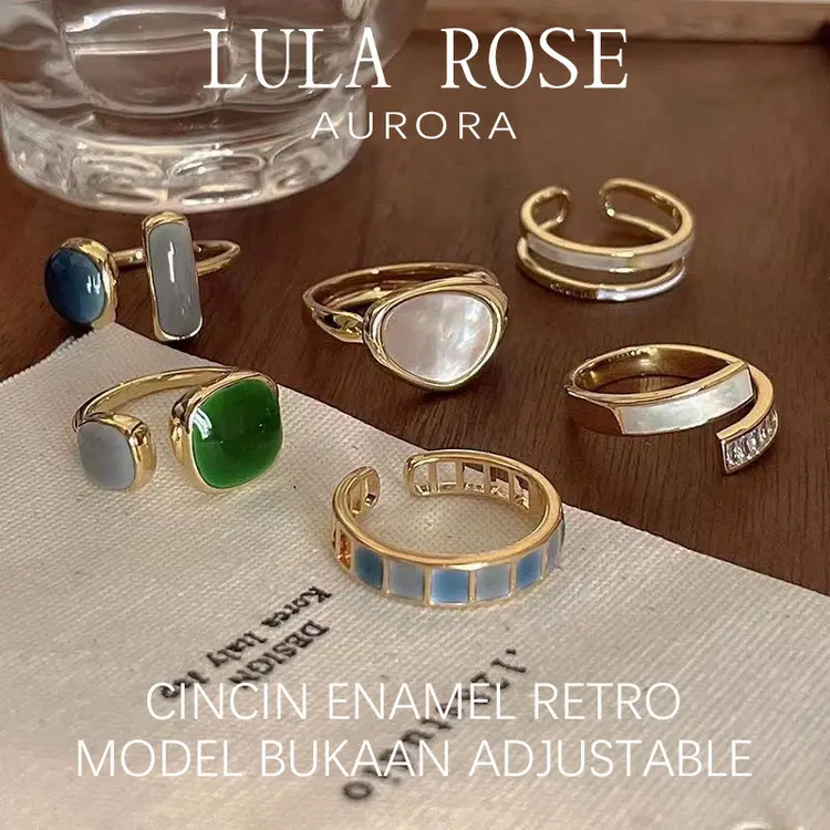 LULA ROSE Cincin Wanita Retro Enamel｜Cincin Bukaan Adjustable Anti Karat
