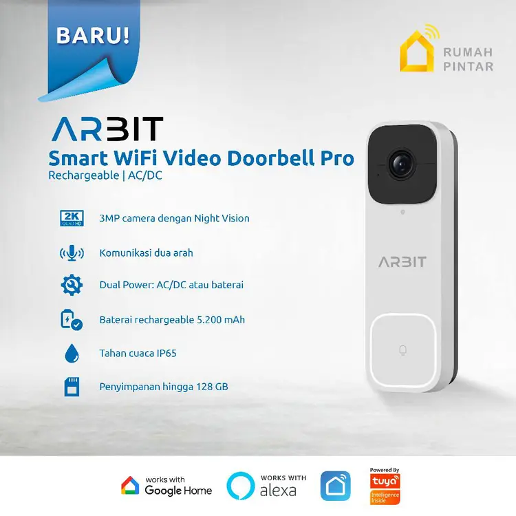 ARBIT WiFi Video Doorbell Pintar Waterproof Tahan Air IP65 3MP 2048p + Chime + Smart Home Pro White Rechargeable two way communication Bell Baterai Kabel Set Tuya AC/DC