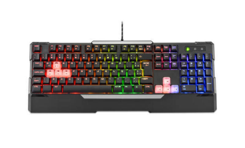 tampak depan keyboard gamer komputer hitam modern dengan lampu warna-warni, terisolasi pada warna putih - gaming keyboard potret stok, foto, & gambar bebas royalti