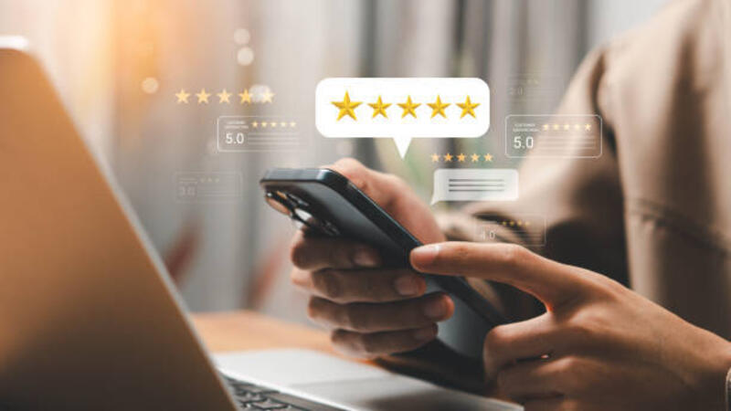 Customer review satisfaction feedback survey concept, User give rating to service experience on online application, Customer services best excellent business rating experience.